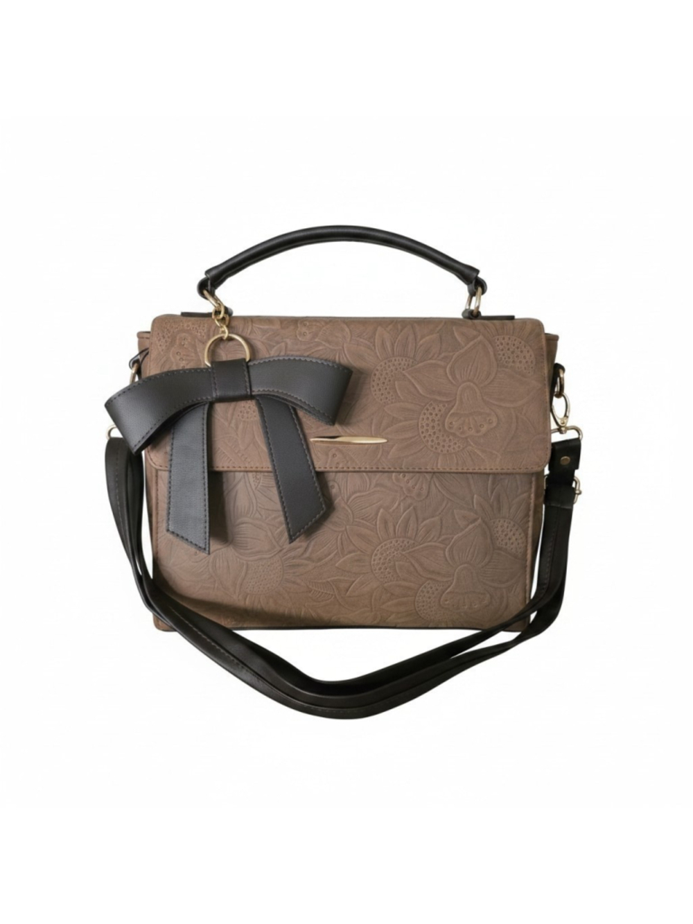 Bow Milk Chocolate Brown Floral Embossed Tooled Artisan Oiled LEATHER Bag Purse